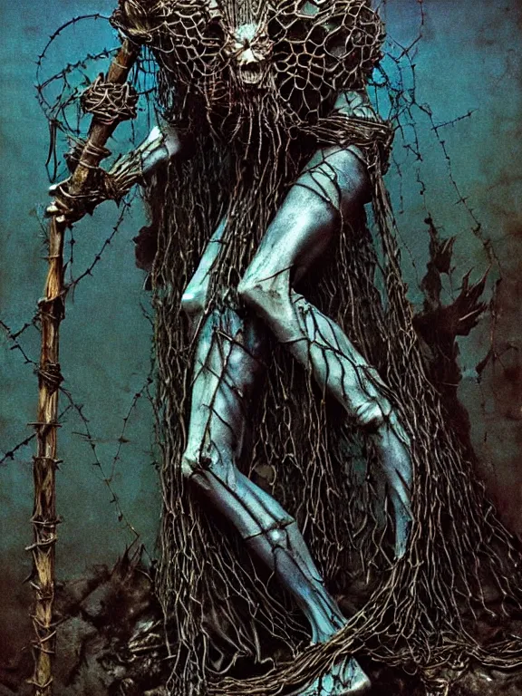 Prompt: A creepy armored horned fanged demon woman with blue scarred skin wrapped in barbed wire. Extremely high detail, realistic, fantasy art, solo, bones, masterpiece, saturated colors, tangled, ripped flesh, art by Zdzisław Beksiński, Arthur Rackham, Dariusz Zawadzki