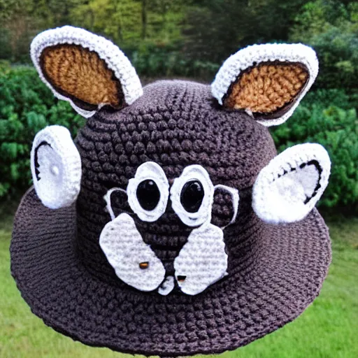 Image similar to a crocheted raccoon hat, very detailed, animal hat, product photo, promotional image