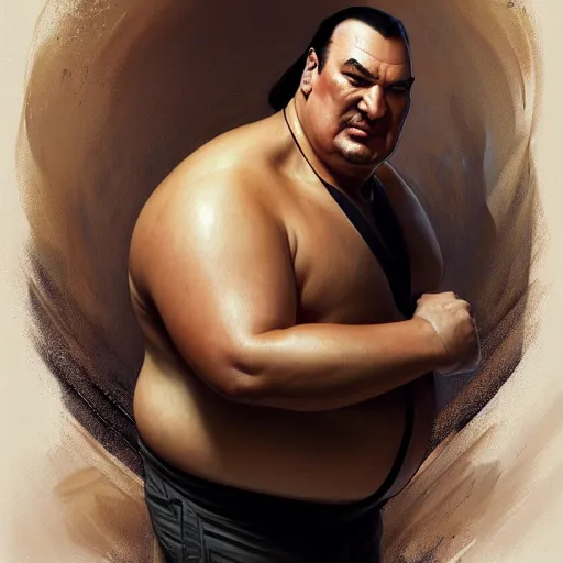 Image similar to Obese Steven Seagal, fantasy, intricate, elegant, highly detailed, digital painting, artstation, concept art, matte, sharp focus, illustration, art by Artgerm and Greg Rutkowski and Alphonse Mucha