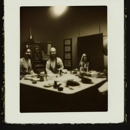 Image similar to polaroid of an alien on a table surrounded by doctors