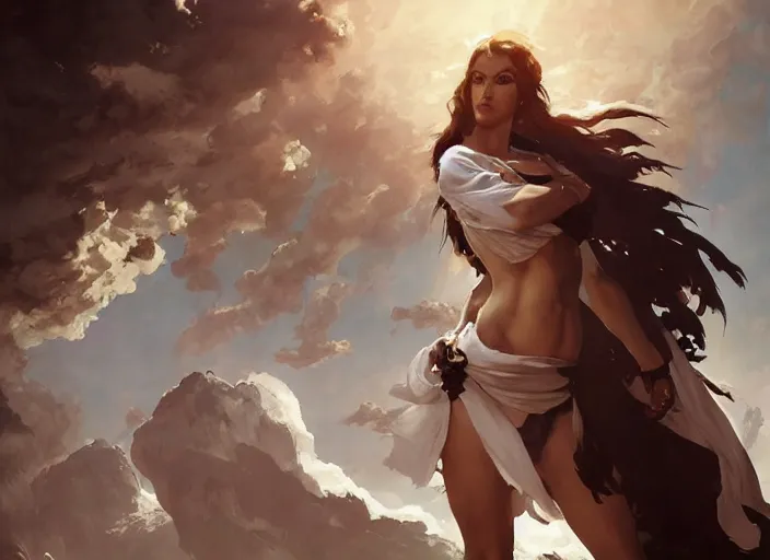 Image similar to beautiful painting of a beautiful woman with white linen with greece in the background by yoji shinkawa frank frazetta, charlie bowater, magali villeneuve, j. c. leyendecker, unreal engine, octane render, ultra realistic,