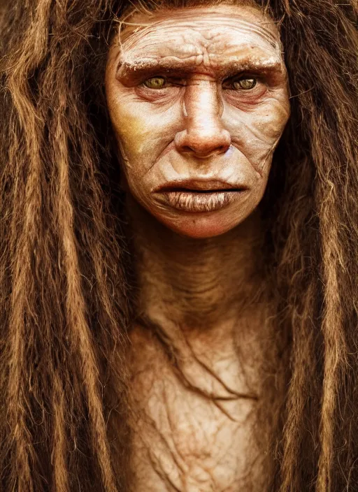 Image similar to closeup portrait of a neanderthal woman, depth of field, zeiss lens, detailed, symmetrical, centered, fashion photoshoot, by Annie Leibovitz and Steve McCurry, David Lazar, Jimmy Nelsson, Breathtaking, 8k resolution, extremely detailed, beautiful, establishing shot, artistic, hyperrealistic, beautiful face, octane render