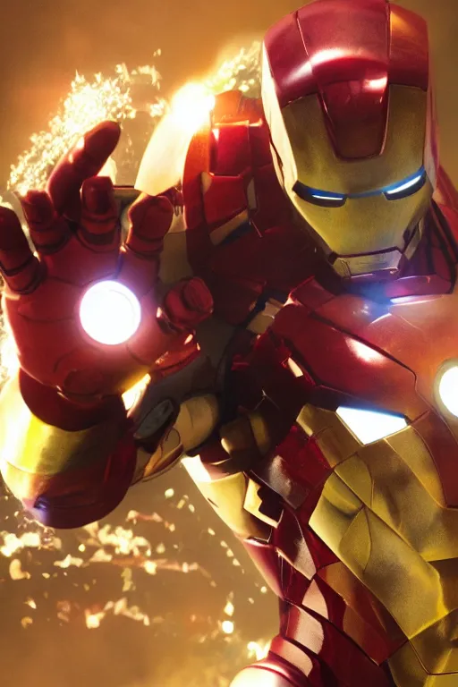 Prompt: iron man with the infinity gauntlet connected into the suit, cinematic, volumetric lighting, f 8 aperture, cinematic eastman 5 3 8 4 film, photorealistic