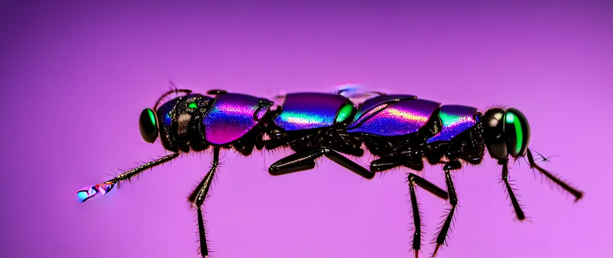 Image similar to high quality macro photo iridescent cyborg fly! jeweled very beautiful! highly detailed digital art david ligare elson peter cinematic purple neon lighting high quality low angle hd 8k sharp shallow depth of field