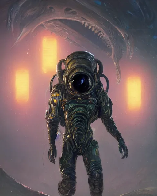 Image similar to oil painting of Lovecraftian sci-fi monster wearing alien space suit, sharp focus, holding sci-fi rifle, magical aura, heroic pose, fantasy style, octane render, volumetric lighting, 8k high definition, by greg rutkowski, highly detailed, trending on art Station, magic the gathering artwork, Spaceship hallway background, centered, horror, sci-fi artwork, demonic