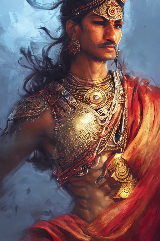 Image similar to hindu warrior, close - up portrait, fierce, intricate, elegant, volumetric lighting, scenery, digital painting, highly detailed, artstation, sharp focus, illustration, concept art, ruan jia, steve mccurry