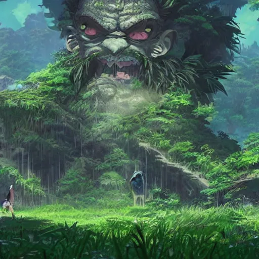 Image similar to a giant troll in city ruins overtaken by vegetation in anime style highly detailed by makoto Shinkai and Raphael Lacoste