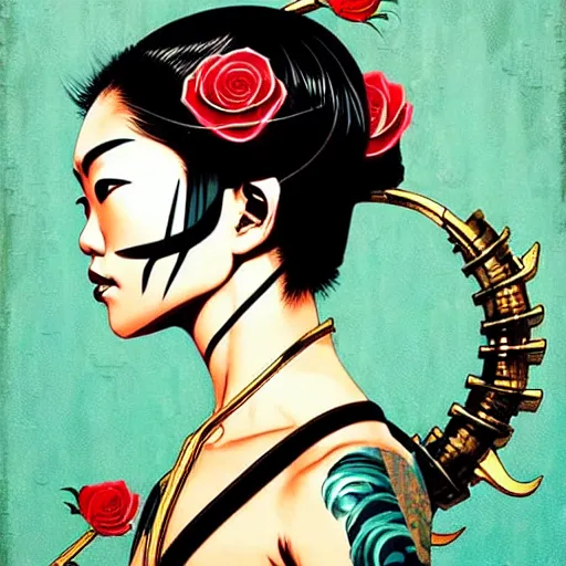 Image similar to portrait of japenese woman :: side profile :: in ocean :: roses and guns metal details :: gold :: blood and horror :: by marvel and Sandra Chevrier