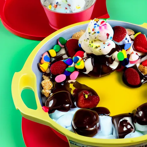 Image similar to high quality photo of the best ice cram sundae in the world on a yellow tray on a green table with a clean background