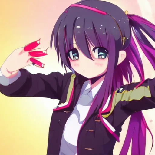 Prompt: an anime girl making finger guns at the camera, tsundere aesthetic, anime key visual