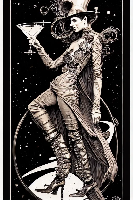 Prompt: side view of a majestic steampunk alchemist wise wizard holding a martini, high details, bold line art, by vincent di fate and joe fenton, inking, etching, screen print, masterpiece, trending on artstation, sharp, high contrast, hyper - detailed,, hd, 4 k, 8 k