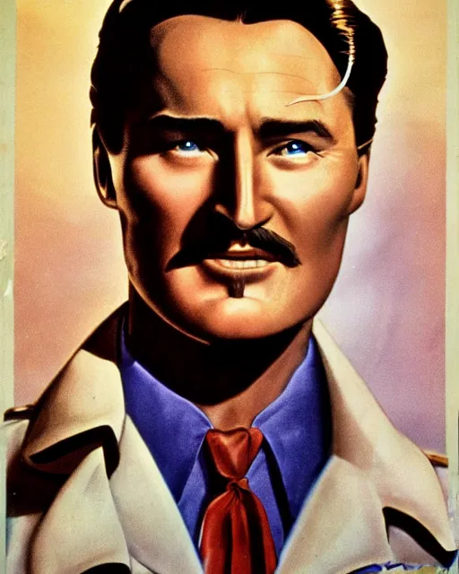 Image similar to Errol Flynn as a scientist. 1980s dystopian Soviet Russia, propaganda screens. Unreal engine, fantasy art by Peter Lerner. Faithfully depicted facial expression, perfect anatomy global illumination, radiant light, detailed and intricate environment