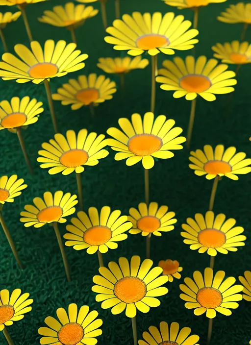 Image similar to bright flowerpatch of smooth daisies by zaha hadid, up close shot, sharp focus, global illumination, radiant light, irakli nadar, octane highly render, 4 k, ultra hd,