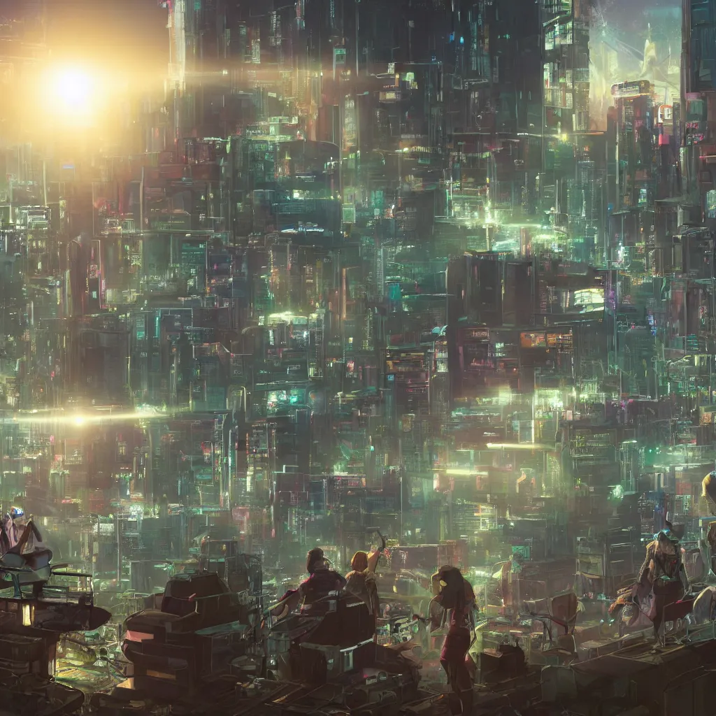 Prompt: a cinematic composition depicting : we're overlooking translucid crystal android being, whos is behind their heads up display viewing out of their window how a high tech lush solarpunk tribe collaborating with their technologic android helpers encroaching a cyberpunk town at sunrise