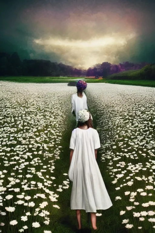 Image similar to giant white daisy flower crown head, veil girl walking in a flower field, surreal photography, sunrise, dramatic light, impressionist painting, colorful clouds, digital painting, artstation, simon stalenhag