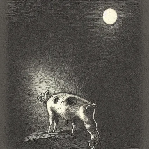 Image similar to pig in a tuxedo, illustration by Gustave Doré, high detail, eerie, barn, creepy, dark, night, misty, moon, chiaroscuro, film noir