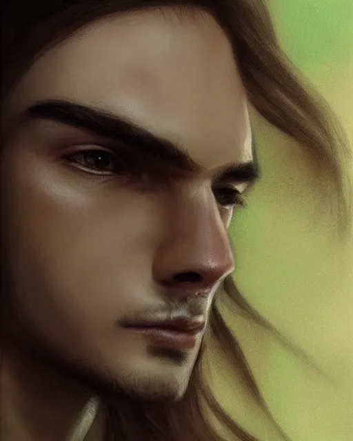 Prompt: face of a masculine young man with thin face lines, have long brown hair and green eyes, very beautiful portrait, low angle, realistic and perfect art, trending on artstation, good lighting