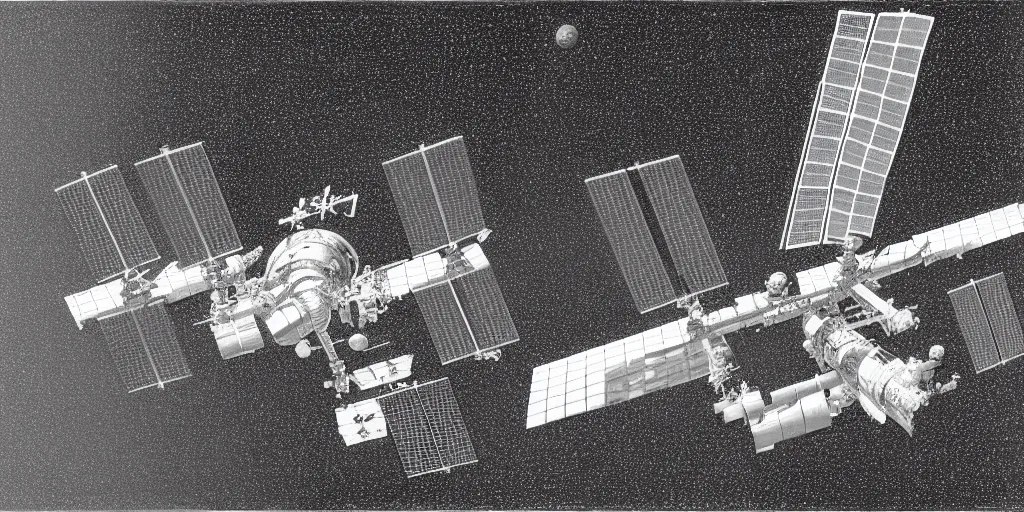 Image similar to a highly detailed graphite sketch of the international space station, with the sun reflecting off of it's windows, various refining methods