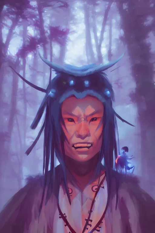 Prompt: Portrait of yokai shaman king, japan, in neon forest, digital art from artstation by Ruan Jia and Mandy Jurgens and Artgerm and Andreas Rocha and Greg Rutkowski