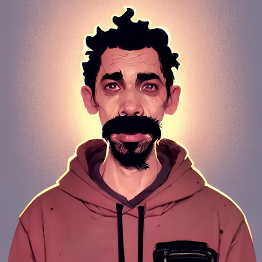 Image similar to highly detailed portrait of a sewer punk guy worker, thirties, black hair, brown eyes, small mustache, tartan hoody, short curly hair by atey ghailan, by greg rutkowski, by greg tocchini, by james gilleard, by joe fenton, by kaethe butcher, gradient pink, brown, light blue and white color scheme,