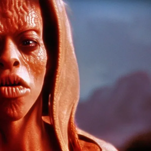 Prompt: film still of jar jar binks as a female cowgirl, long eyeslashes, big juicy lips, big seductive eyes