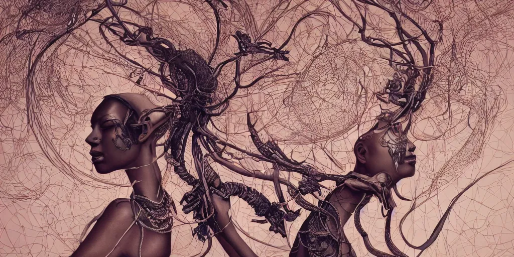 Prompt: hyperrealistic photography of a highly detailed and symmetrical gorgeous black female demigorgon deconstructing a poetry machine in the style of jin kagetsu, james jean and wlop, highly detailed, face symmetry, masterpiece, award - winning, sharp focus, intricate concept art, ambient lighting, 8 k, artstation