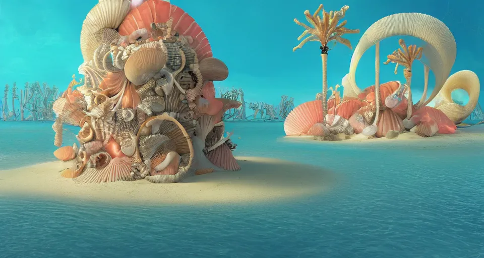 Prompt: digital painting of a tiny sacred spiral, procedural seashell house surrounded by dreamy coral, syd mead, cell shaded graphics, concept art, minimalist, golden ratio