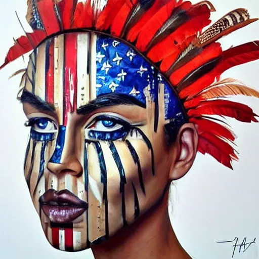 Prompt: a beautiful portrait sculpture designed by Sandra Chevrier, tribal head dress, American stars and stripes on face