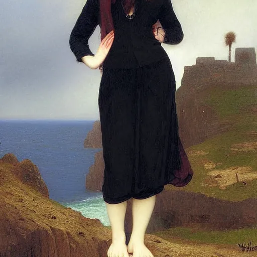 Prompt: 1 7 - year - old pale - skinned persian girl with black long bob cut, long bangs, black gothic jacket, black jeans, psychic girl, standing on cliff along the irish coast, overcast gray skies, ultra - realistic, sharp details,, intricate details, art by william - adolphe bouguereau