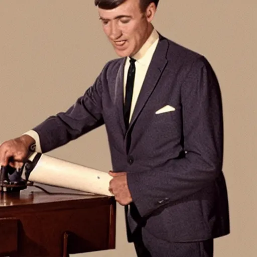 Prompt: old style reel projector with a body in a suit, 1964 photograph, colorized