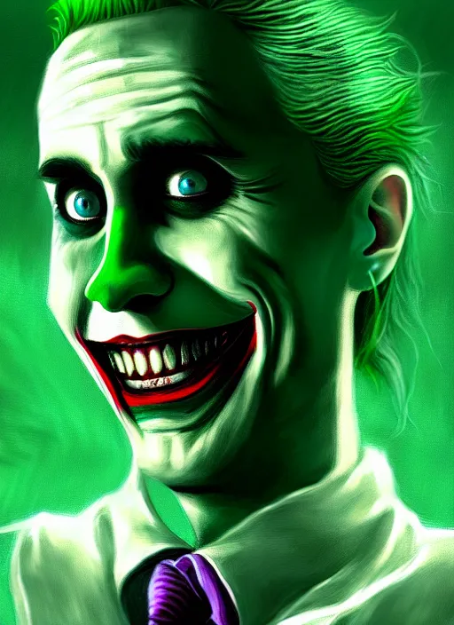 Image similar to portrait of jared leto as the joker, green hair, intricate, elegant, glowing lights, highly detailed, digital painting, artstation, concept art, sharp focus, illustration, art by wlop, mars ravelo and greg rutkowski