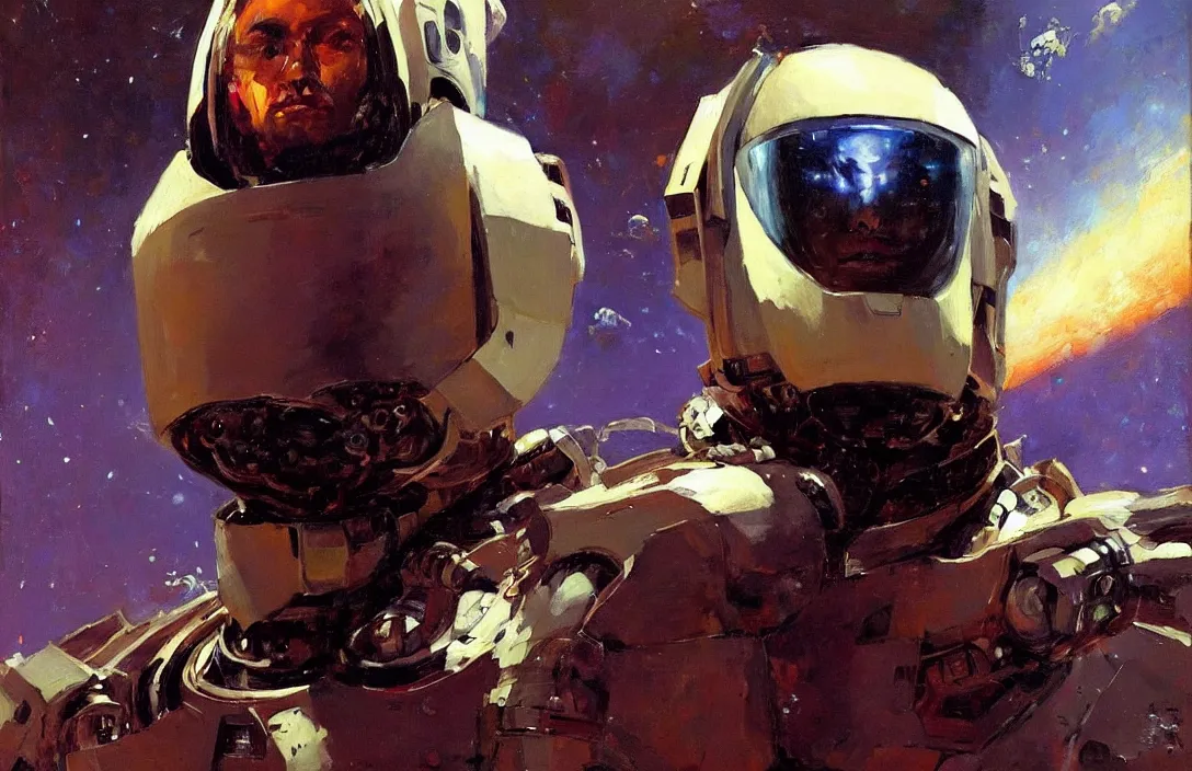 Image similar to portrait of futuristic space robot!!!!!!!!!!!!!!!!!!!!!!!!!!!, detailed face, detailed painting, epic lighting, by ilya repin, phil hale and kent williams