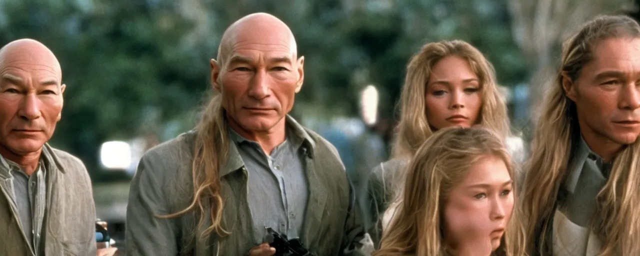 Prompt: Patrick Stewart and the Olsen Twins, wisdom, famous 1980's movie by Stanley Kubrick, cinematic still frame, moody, anamorphic lens, bokeh, kodak color film stock