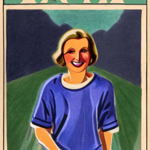 Prompt: a 1 9 2 8 color drawing portrait. calm, happy, healthy, smiling, sporty, young, glowing greta garbo in athletic wear with big smile and healthy teeth. realistic, high quality.