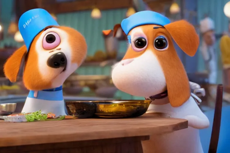 Image similar to promotional image of a puppy as a chef in the new pixar movie, movie still frame, promotional image, imax 70 mm footage