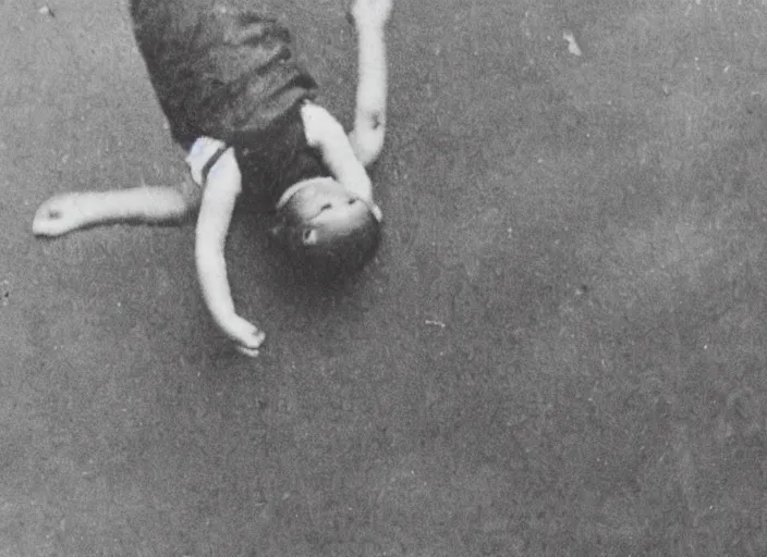 Image similar to an old worn photograph of a child in the distance floating upside - down