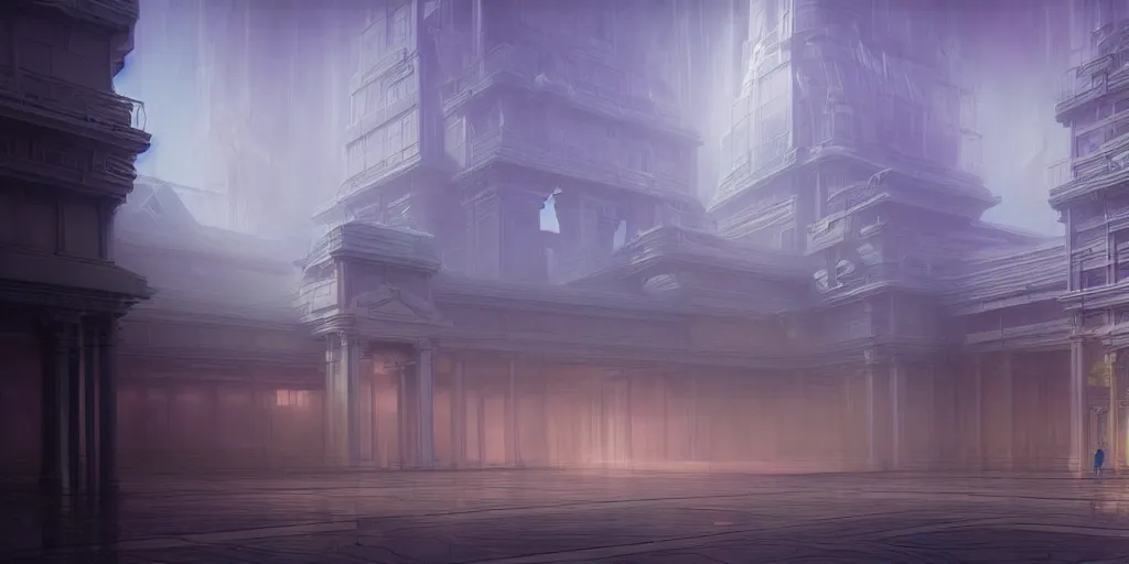 Prompt: concept art of a hyper realistic vaporwave futuristic palace made of glass and steel, illuminated dense fog, depth of field, cinematic dramatic lights, deep focus, intricate, elegant, highly detailed, foggy, mysterious, digital painting, artstation, concept art, matte, sharp focus, art by artgerm and greg rutkowski and alphonse mucha