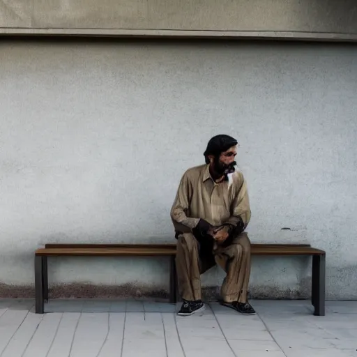 Image similar to a man sitting on a bench in front of a building, a character portrait by kamal ud - din behzad, featured on unsplash, neo - primitivism, matte photo, photo taken with ektachrome, studio portrait