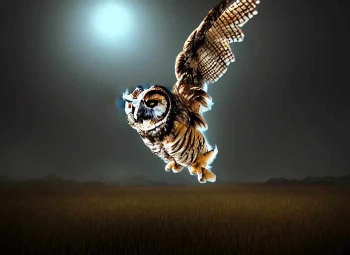 Image similar to an extremely detailed masterpiece photo of a western screech - owl in flight mon in background, in the style of brian froud, brian despain, brian bolland, digital art, unreal engine, volumetric lighting, dark moody lighting, trending on artstation, photorealistic, epic scene