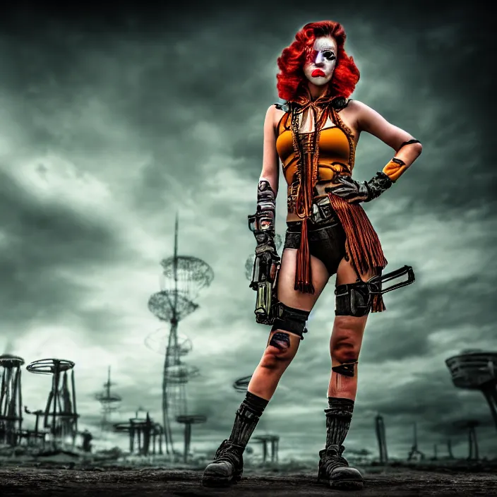 Image similar to full length photo of a very beautiful female atompunk warrior, 8 k, hdr, smooth, sharp focus, high resolution, award - winning photo