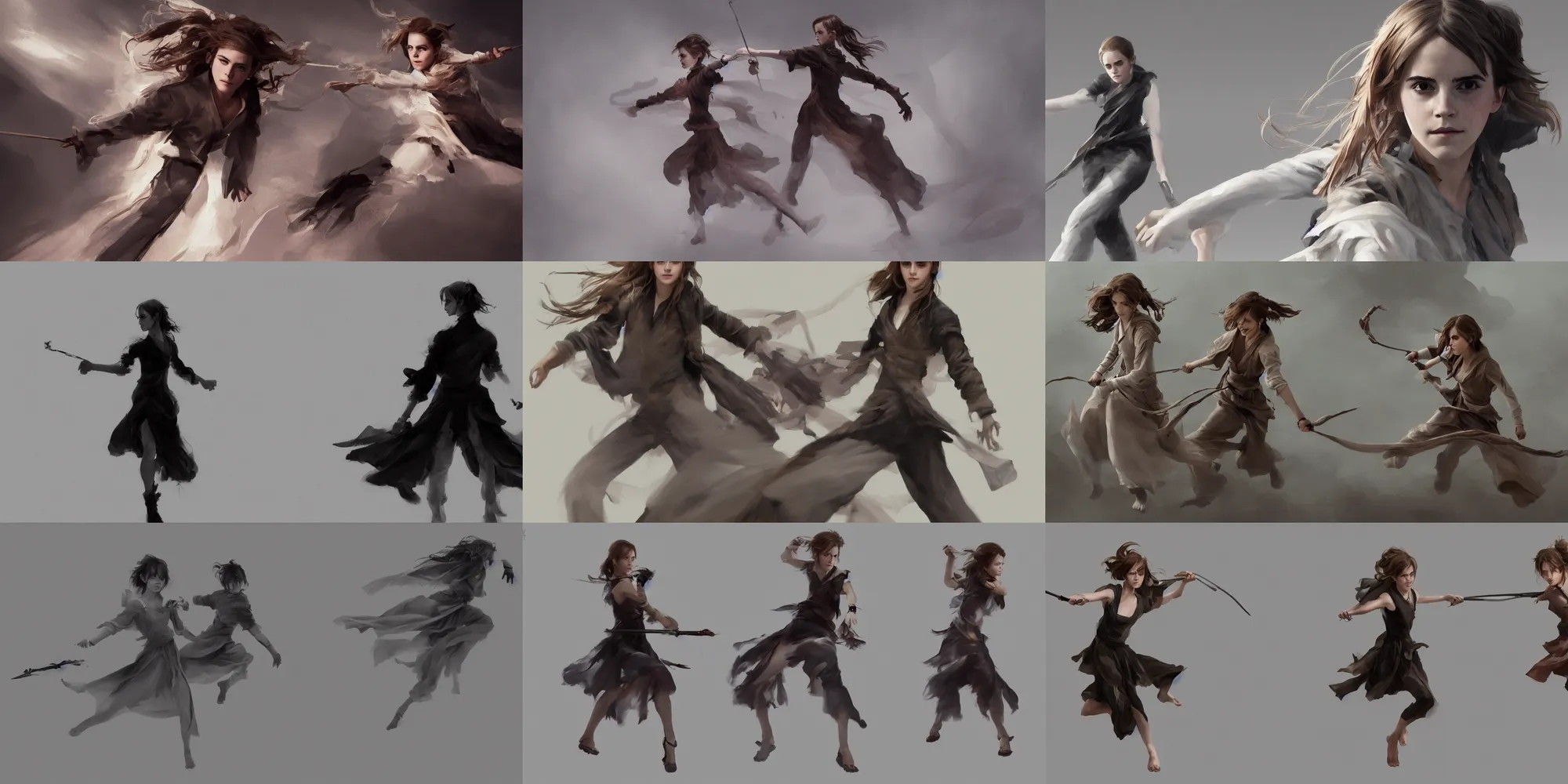 Prompt: emma watson emma watson photo emma watson portrait twin sisters action motion poses motion blur taolu gunshu staff taolu jianshu, nanquan, changquan, daoshu, gunshu, qiangshu, nandao and nangun sketch greg rutkowski extreme fractal foreshortening founding masters 祖 師