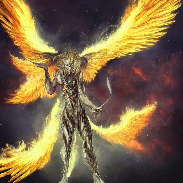 Image similar to a demon with huge nacreous fire wings