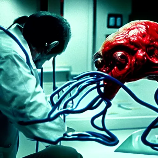 Prompt: hyper detailed filmic wide shot 30mm color film photograph of a bundle of dangerous gorey shape shifting alien tendrils puncturing a male 70-year-old doctor directly in the eyeball, spewing red liquid, doctor is wearing a blue lab coat under dreary fluorescent lights in the style of a horror film still