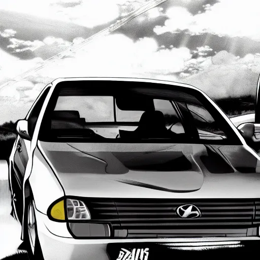 Image similar to closeup of a high definition anime girl riding a Hyundai Accent 1996 model with armenia quindio in the background in Initial D manga, 8k, black & white manga, official media, wallpaper, hd