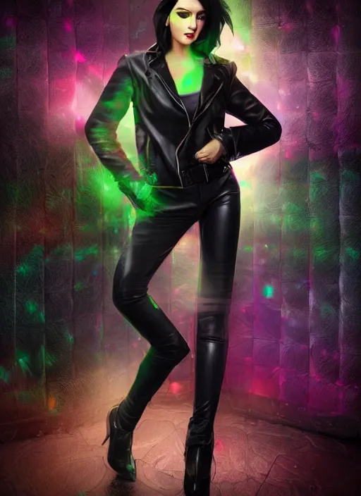 Prompt: a photo of 8 k ultra realistic a black haired female in high heels and a black leather jacket, multicolour neon, art by lise deharme