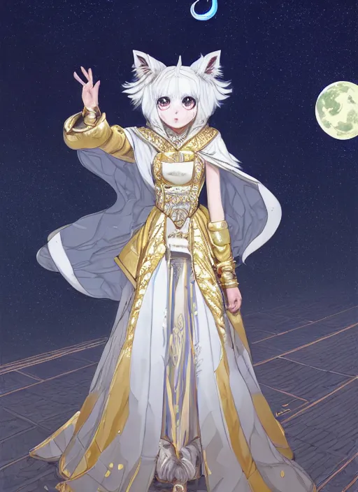 Image similar to commissioned full body portrait of a female anthro wolf princess fursona with white hair wearing a white and gold Japanese armored dress in a white and gold palace on a starry night with a large crescent moon, by a professional manga illustrator, Stanley Artgerm Lau, WLOP, Rossdraws, James Jean, Andrei Riabovitchev, Marc Simonetti, and Sakimichan, trending on artstation