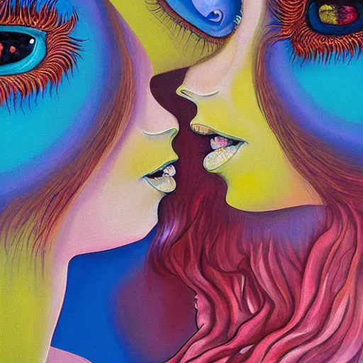 Prompt: expressive painting by francesca sundsten of two bizarre psychedelic femme creatures kissing each other closeup. they are growing out of an alien landscape. speculative evolution, exobiology