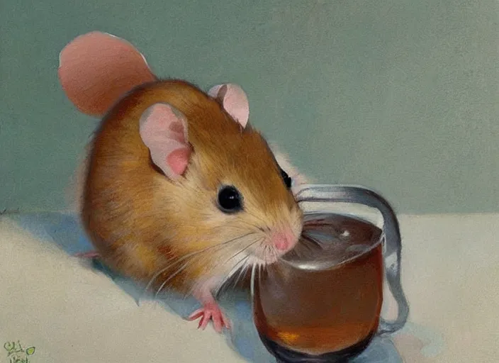 Prompt: a highly detailed beautiful portrait of a cute hamster drinking beer, by gregory manchess, james gurney, james jean