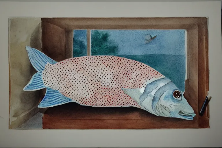 Image similar to charming and chubby huge fish, wearing a polka dot cloths and, lye on the fancy sofa, in the large and bright studio. sunlight enters through the barred window. delicate watercolor and pencil on canvas. beautiful lighting, 4 k post - processing, highly detailed, 5 k extremely detailed, 3 d. cinematic scene.