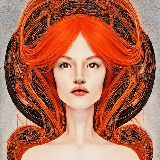 Image similar to a symmetrical portrait of a beautiful orange - haired woman face, concept art, intricate, aesthetic!!!!!, holographic design, god rays, symbolist, dramatic, ultra detailed